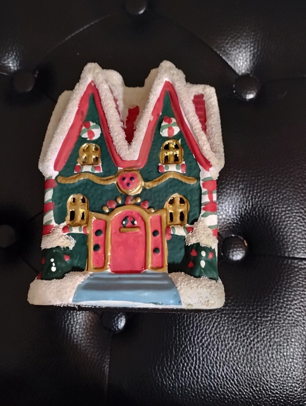 Festive Gingerbread Candle House Ceramic Holiday Decoration - Red White & Green